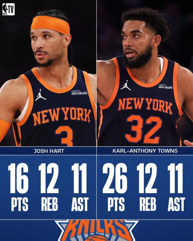 mk体育官网-同场砍下三双！哈特携手唐斯创造尼克斯队史纪录